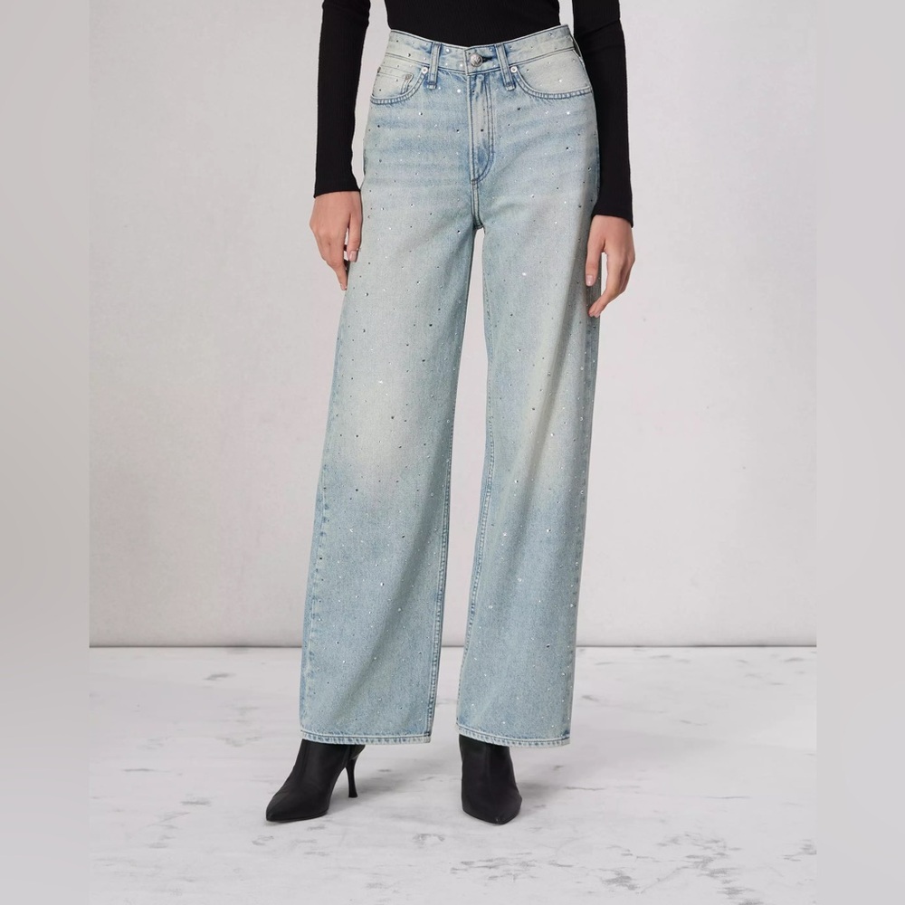NEW RAG & BONE Logan Wide Leg Jeans in Missy With Rhinestone Jewel sz 29 $358 - Picture 9 of 12